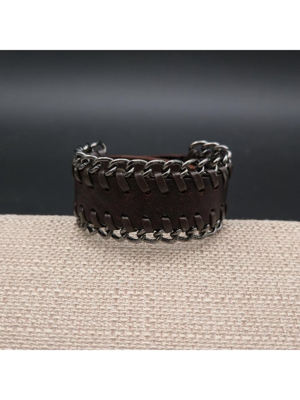 7+1 Inch Unisex Wide Brown Leather Metal Curb Chain Laced Cuff Bracelet B1534